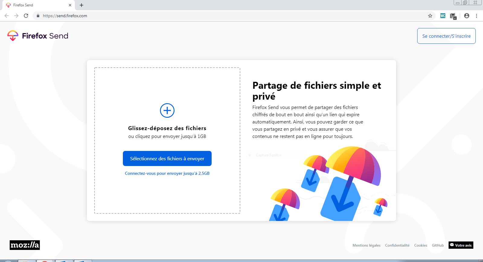 L’interface du site web Firefox Send pour le partage sécurisé des fichiers